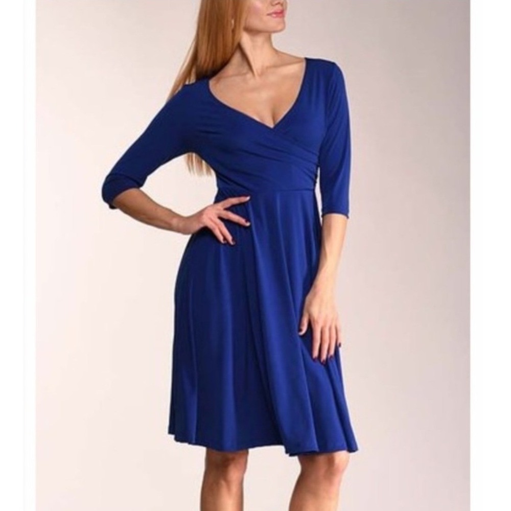 LBisse Women XL A-Line Dress Royal Blue Faux Wrap Ruched V-Neck Midi Made in USA
